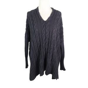 Free People Black Cotton Cable Knit V-Neck Sweater Small